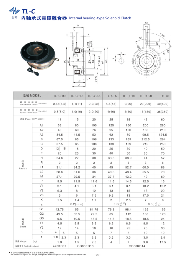 內軸承式電磁離合器TL-C型規格型號尺寸參數表