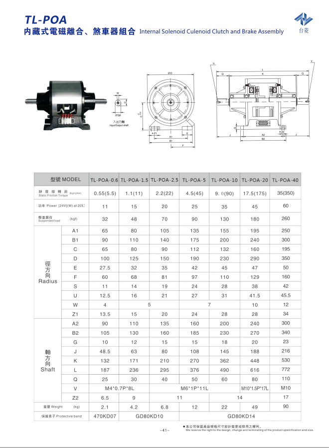 內藏式電磁離合剎車器組TL-POA型的規格型號尺寸參數表