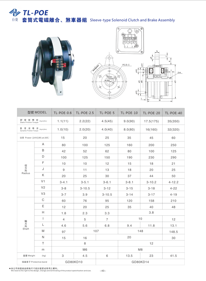 套筒式電磁離合剎車器組TL-POE型規格型號參數表