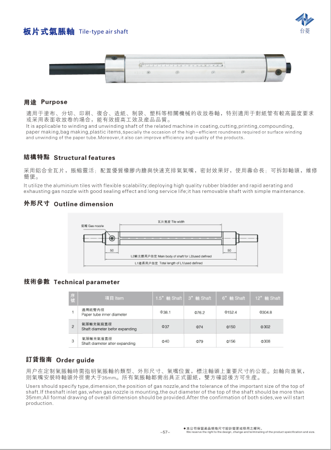 板條式氣脹軸規格尺寸參數表