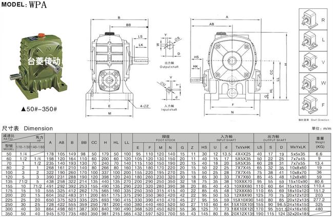 WP系列蝸輪蝸桿減速機,蝸輪蝸桿減速機型號規格參數圖