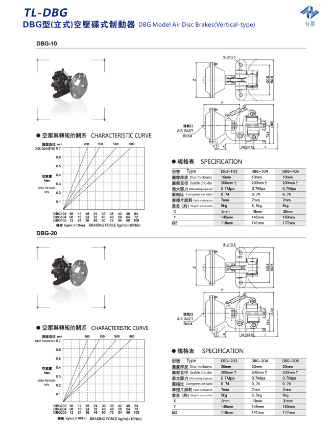 立式空壓碟式制動器DBG型規格型號尺寸參數表